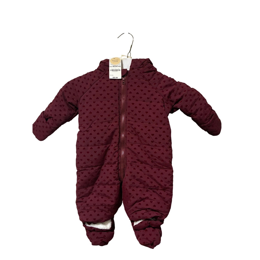 First Impressions Baby Girl Burgundy Heart Quilted Sherpa Lined Pram Suit 0-3M